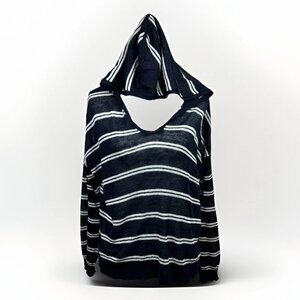 🌊 LOFT Linen Blue White Striped Hooded Beach Pullover Top – Women’s M 🌊